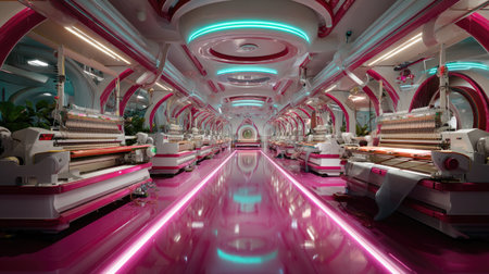 Explore a visually striking and futuristic textile factory interior filled with advanced sewing machines and vibrant neon lights, showcasing modern manufacturing concepts.の素材