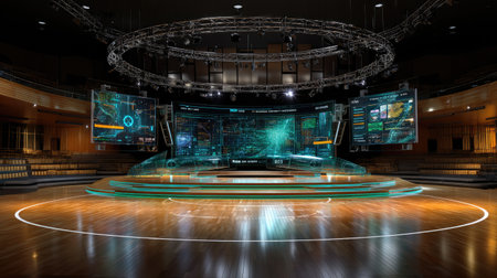 This stunning futuristic stage features advanced holographic displays and high-tech visuals, perfect for modern presentations and innovative events.の素材