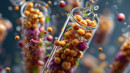 A stunning visual capturing colorful ingredients suspended in glass tubes, with bubbles and water splashing, perfect for culinary creativity and presentations.の素材
