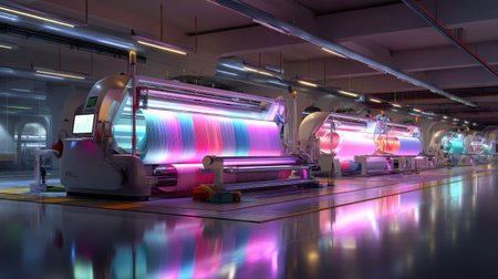 Explore a vibrant textile manufacturing facility featuring innovative machines with colorful illuminated effects, creating a futuristic industrial atmosphere.の素材