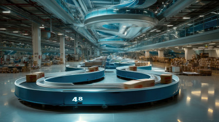 A spacious logistics facility featuring advanced conveyor systems and automated sorting technology streamlining package management and distribution efficiency.の素材