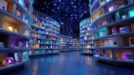 A stunning digital marketplace showcasing futuristic shelves filled with various electronic devices, illuminated under a mesmerizing starry night sky.の素材