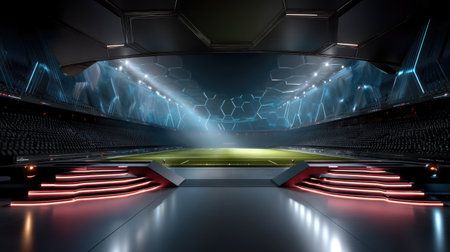 Discover a captivating view of a futuristic sports arena, featuring vibrant neon lights and empty stands, perfect for showcasing modern football events.の素材