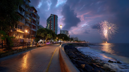 A stunning evening scene featuring fireworks lighting up the sky above a scenic waterfront, surrounded by city buildings and pathways.の素材