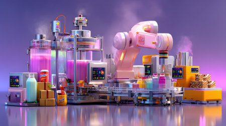 A striking industrial scene showcasing a colorful production environment with a robotic arm, vibrant bottles, and advanced machinery, illustrating modern automation.の素材