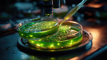 This captivating image captures a laboratory setup featuring petri dishes filled with green algae, illuminated under a microscope, showcasing scientific research.の素材
