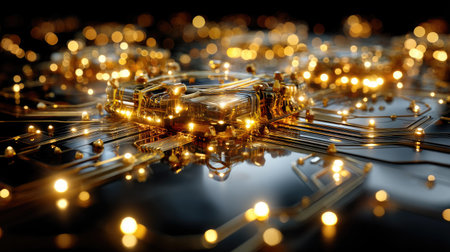 This stunning image showcases a futuristic circuit board featuring glowing lights and intricate connections set against a dark background, emphasizing innovation.の素材