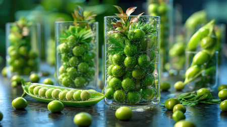 This vibrant image showcases fresh green peas and fruits displayed in elegant glass containers filled with sparkling water, emphasizing freshness and healthy eating.の素材