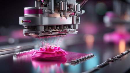 This image showcases an advanced 3D printing machine in action, using vibrant pink filament to demonstrate precise layering techniques in a modern manufacturing setting.の素材