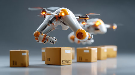 This image showcases advanced drones autonomously delivering packages in a modern logistics setup, emphasizing the blend of robotics and automation in transportation solutions.の素材