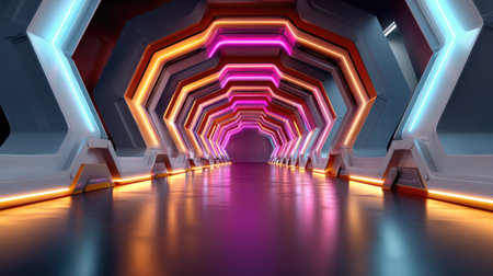 This image portrays a futuristic corridor enhanced by vibrant neon lights, creating a unique sci-fi atmosphere with intriguing reflections on the sleek floor.の素材