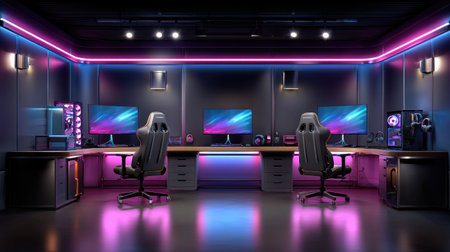 Explore a stunning modern gaming setup featuring dual high-resolution monitors, ergonomic chairs, and dynamic neon lighting, creating an inspiring atmosphere.の素材