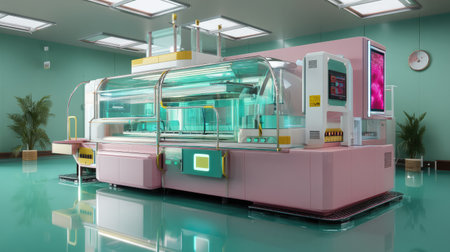 A vibrant and modern bakery display designed with neon accents and sleek lines, perfect for showcasing delicious pastries and gourmet treats in a retail setting.の素材