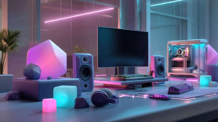 This vibrant modern gaming setup features a sleek computer monitor, stylish speakers, and ambient neon lighting, creating an inspiring atmosphere for gamers and tech enthusiasts.の素材