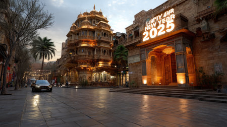 A captivating view of historic architecture adorned for New Year 2025 celebrations. The scene features palm trees, a vintage car, and a beautifully lit street.の素材