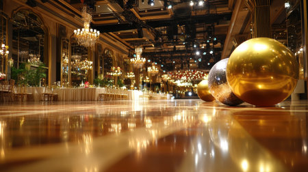 This elegant ballroom showcases decorative golden spheres set against a luxurious backdrop. The ambient lighting enhances the sophisticated atmosphere, perfect for a grand celebration or event.の素材