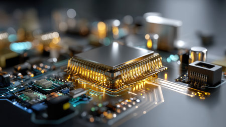 This image captures a detailed view of a microchip on a circuit board, showcasing intricate connections and glowing elements, representing advanced technology.の素材