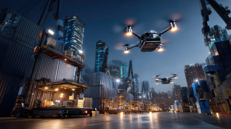 A stunning view of drones flying over an industrial shipping yard at night, with a vibrant cityscape and cargo containers, showcasing advanced logistics technology.の素材