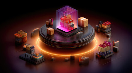 This striking 3D visualization showcases an arrangement of colorful boxes and packaging in a futuristic digital environment, featuring neon highlights and dramatic lighting effects.の素材