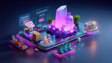 A captivating futuristic market scene featuring radiant neon crystals, digital displays, and an array of beautifully arranged products, designed to inspire creativity.の素材