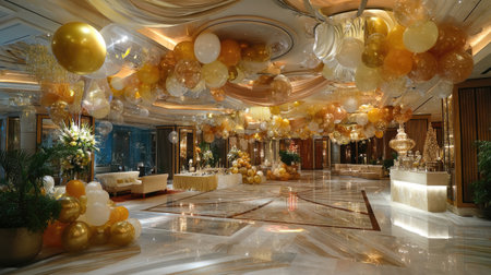 This stunning event hall features an elegant array of golden and white balloons, creating a festive atmosphere perfect for celebrations and gatherings.の素材