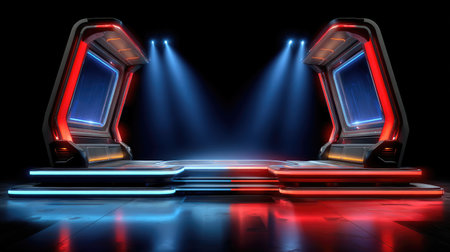 A stunning futuristic stage design featuring vibrant neon lights and dynamic lighting effects, ideal for events, presentations, or creative showcases.の素材