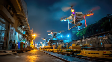 A captivating scene of drones flying over an industrial area at night, showcasing vibrant lights, motion blur, and a modern technological landscape.の素材