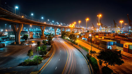 A captivating nighttime view showcasing a busy urban landscape with a long exposure of a roadway, illuminated bridge, and shipping containers.の素材