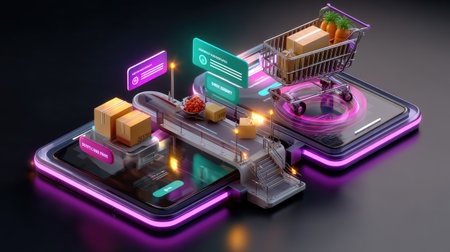 A modern digital shopping platform showcasing a shopping cart filled with groceries, interactive elements, and sleek design, highlighting future eCommerce innovations.の素材