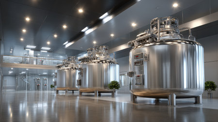 A sleek and modern industrial facility interior featuring large stainless steel storage tanks, showcasing an advanced and efficient manufacturing environment.の素材
