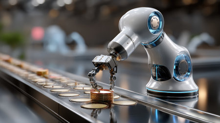 A sleek robotic arm operates on a conveyor belt, showcasing advanced technology in a modern industrial setting, highlighting automation and efficiency.の素材