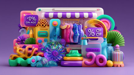 This vibrant 3D composition features a colorful arrangement of promotional elements, perfect for marketing, design inspiration, and creative projects.の素材