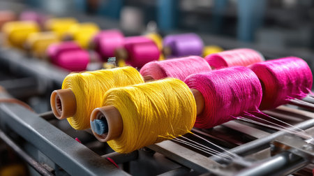 A vibrant collection of spools of colorful thread in a textile factory setting, showcasing various shades of pink, yellow, and purple for creative projects.の素材