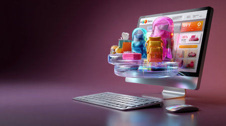 This digital artwork captures a futuristic online shopping experience, showcasing colorful 3D models and an engaging user interface on a computer screen.の素材