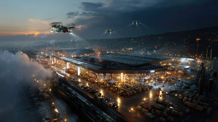 This image showcases a dynamic aerial view of a modern logistics hub at dusk, featuring advanced drones conducting operations above a busy industrial area. The scene captures the essence of urban development and technology integration in transportation and shipping.の素材