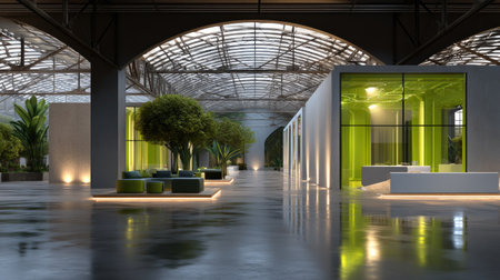 This stunning modern interior showcases a spacious open area with lush greenery, large glass walls, and natural lighting, creating a serene environment.の素材