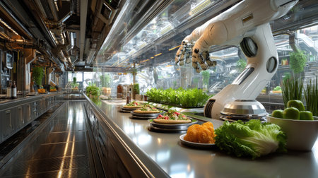 A cutting-edge kitchen scene featuring a robotic arm expertly preparing and plating fresh dishes. The modern aesthetic showcases high-tech equipment, greenery, and precision in culinary tasks. Ideal for concepts of innovation and automation in food preparation.の素材
