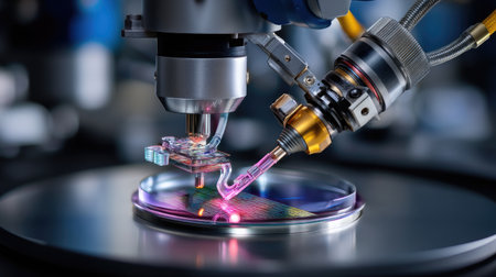 This image showcases advanced microscopy techniques in a high-tech laboratory. It captures detailed observation and precision measurement processes, highlighting innovation in scientific research.の素材