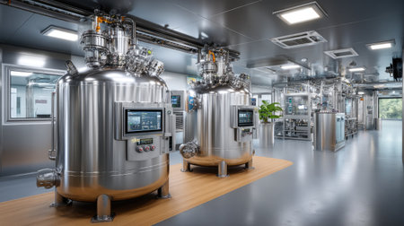 A modern industrial facility showcasing advanced stainless steel equipment and cleanroom design, ideal for processing and manufacturing applications.の素材