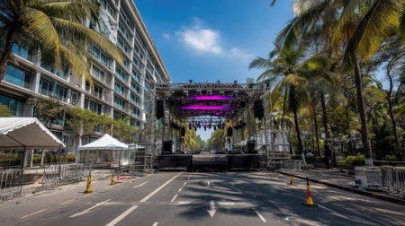 This image showcases preparations for an outdoor concert, featuring a grand stage flanked by palm trees under a crisp blue sky, emphasizing vibrant urban life.の素材