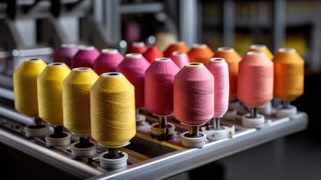 This image features an array of colorful spools of thread neatly arranged on a sewing machine, showcasing vibrant hues ideal for various crafting and textile projects.の素材