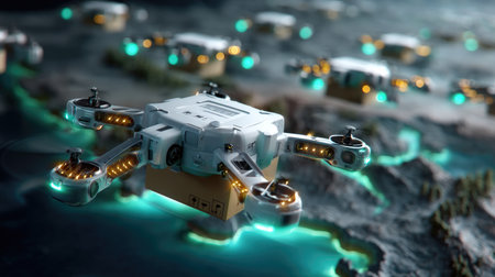 A visually striking image depicting futuristic drones delivering packages over a detailed landscape. The scene showcases advanced technology, with glowing accents highlighting the innovative transport system.の素材