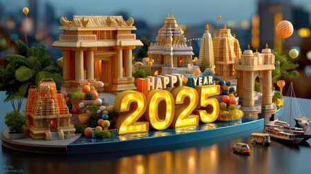 A vibrant and festive cityscape showcasing colorful buildings celebrating the arrival of the New Year 2025, filled with joy and excitement.の素材