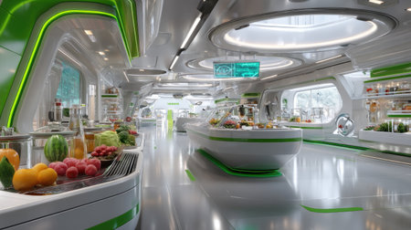 Explore a futuristic grocery store interior featuring advanced technology, bright lighting, and a diverse array of fresh produce in a modern setting.の素材