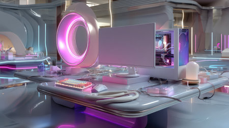 A stunning portrayal of a futuristic computer setup showcasing vibrant neon lights and sleek design elements, ideal for technology and interior inspiration.の素材