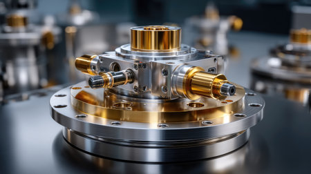 This detailed close-up image showcases a sophisticated industrial machinery component, featuring a shiny metal finish and gold accents, set against a modern factory background.の素材