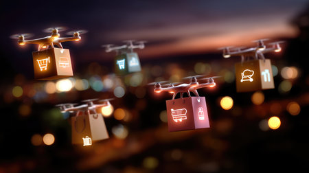 A stunning visual of delivery drones equipped with shopping bags soaring over a vibrant urban landscape at twilight, symbolizing modern commerce and technology.の素材