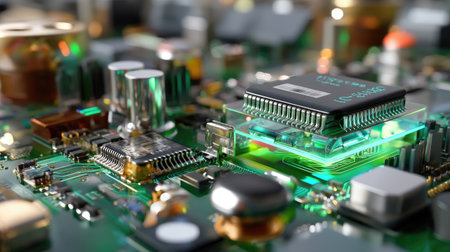 A detailed close-up of a microchip on a sophisticated circuit board highlighting electronic components and intricate connections in a modern tech environment.の素材