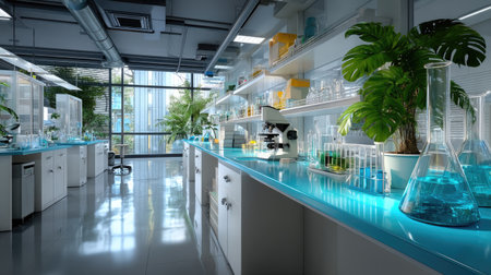 A bright, modern laboratory featuring state-of-the-art equipment and glassware, complemented by plants and natural light for an inspiring atmosphere.の素材
