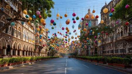 A vibrant urban street scene showcasing colorful festival decorations hanging overhead, surrounded by historical architecture under a bright blue sky.の素材